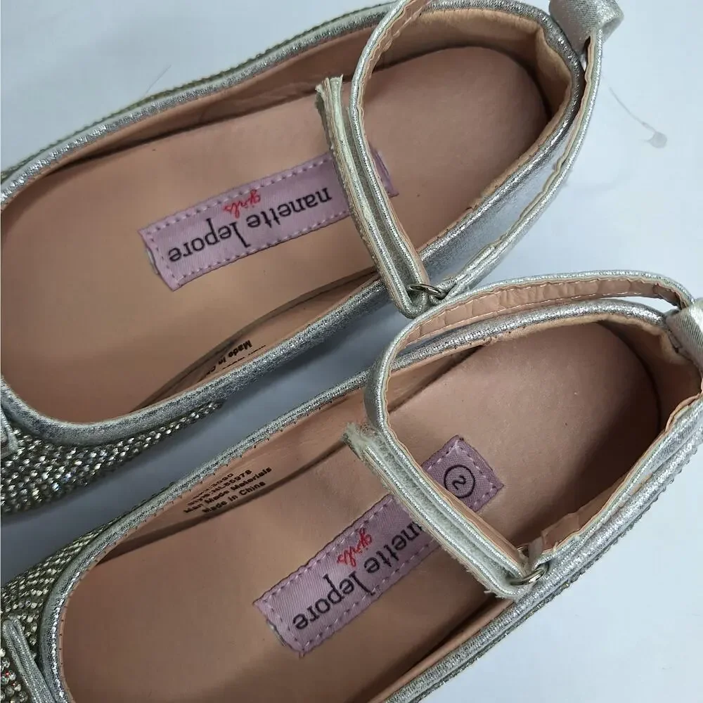 Nanette Lepore Girls Glitter Ballet Flats 2 Party Shoes Bling Rhinestone Bows
